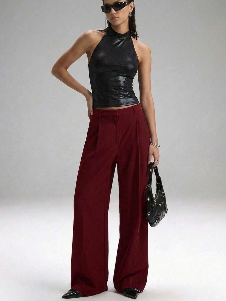 Carlotta High Waisted Straight Leg Trousers with Zip Fly - Black