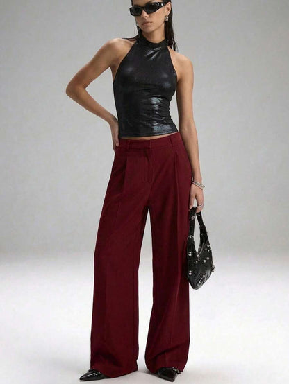 Carlotta High Waisted Straight Leg Trousers with Zip Fly - Black