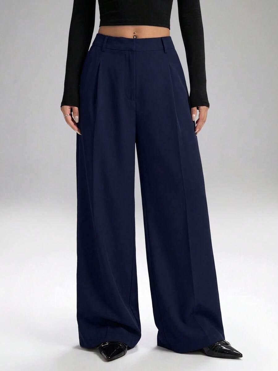 Carlotta High Waisted Straight Leg Trousers with Zip Fly - Black