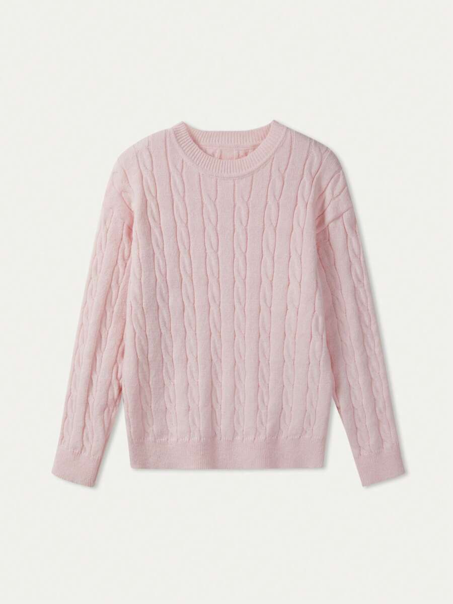 Marlowe Chunky Cable Knit Sweater Loose Crew Neck Pullover - Baby Pink