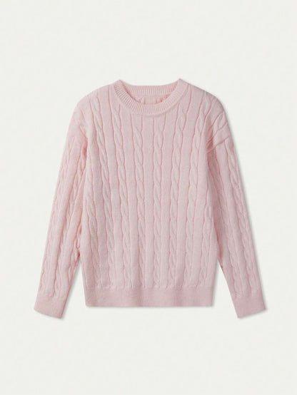 Marlowe Chunky Cable Knit Sweater Loose Crew Neck Pullover - Baby Pink