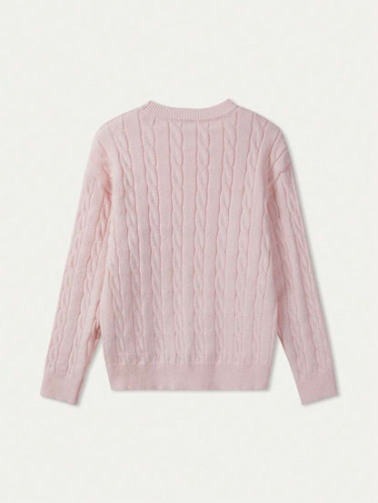 Marlowe Chunky Cable Knit Sweater Loose Crew Neck Pullover - Baby Pink
