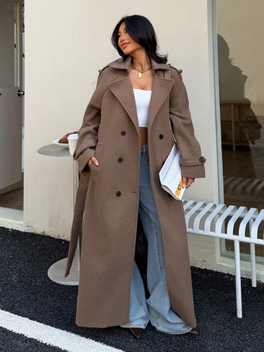 Laurel Double Breasted Belted Long Coat with Peak Lapels - Camel