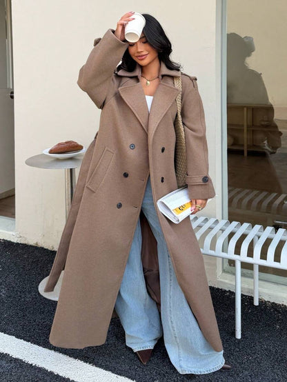 Laurel Double Breasted Belted Long Coat with Peak Lapels - Camel