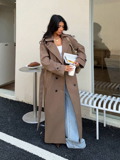 Laurel Double Breasted Belted Long Coat with Peak Lapels - Camel