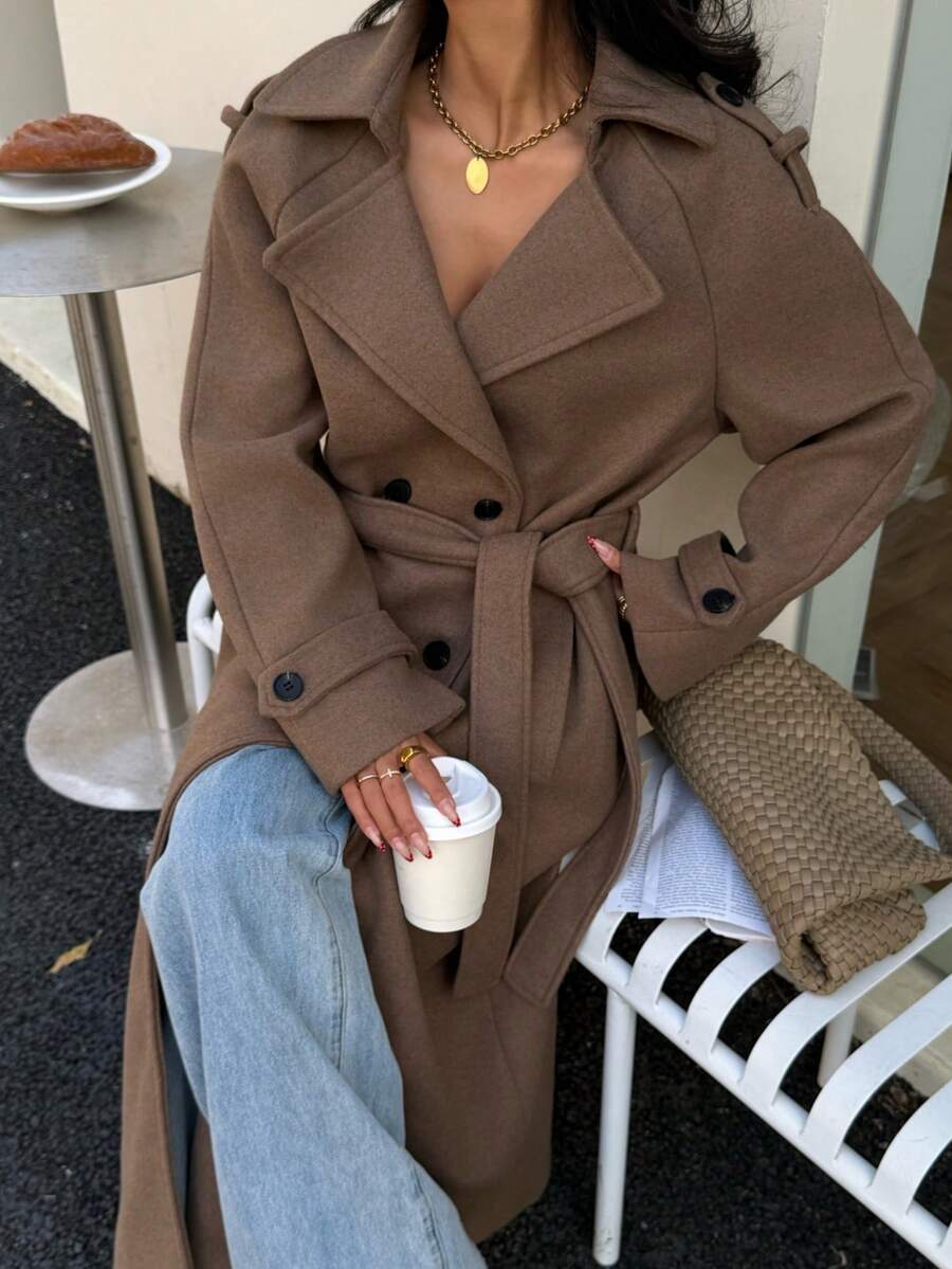 Laurel Double Breasted Belted Long Coat with Peak Lapels - Camel