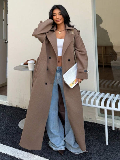 Laurel Double Breasted Belted Long Coat with Peak Lapels - Camel
