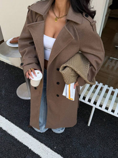 Laurel Double Breasted Belted Long Coat with Peak Lapels - Camel
