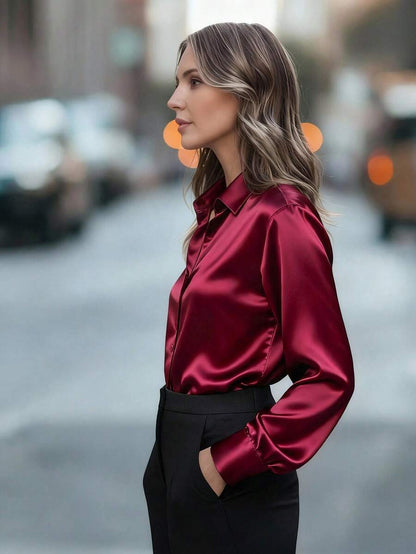 Valeria Satin Long Sleeve Button Down Collared Shirt - Burgundy