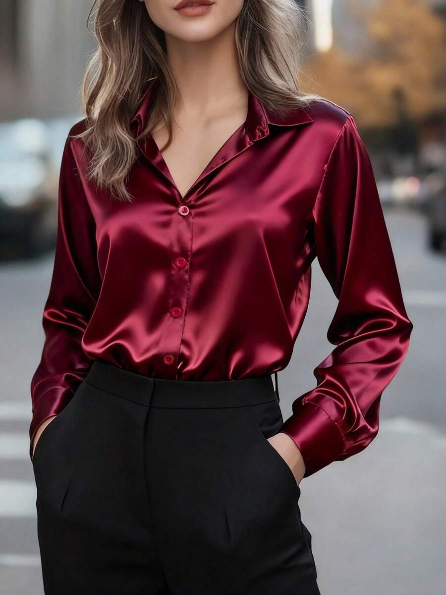 Valeria Satin Long Sleeve Button Down Collared Shirt - Burgundy