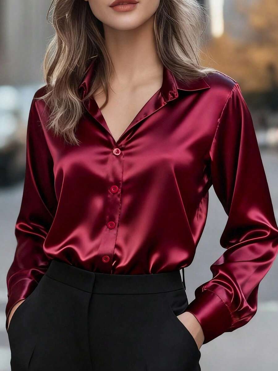 Valeria Satin Long Sleeve Button Down Collared Shirt - Burgundy