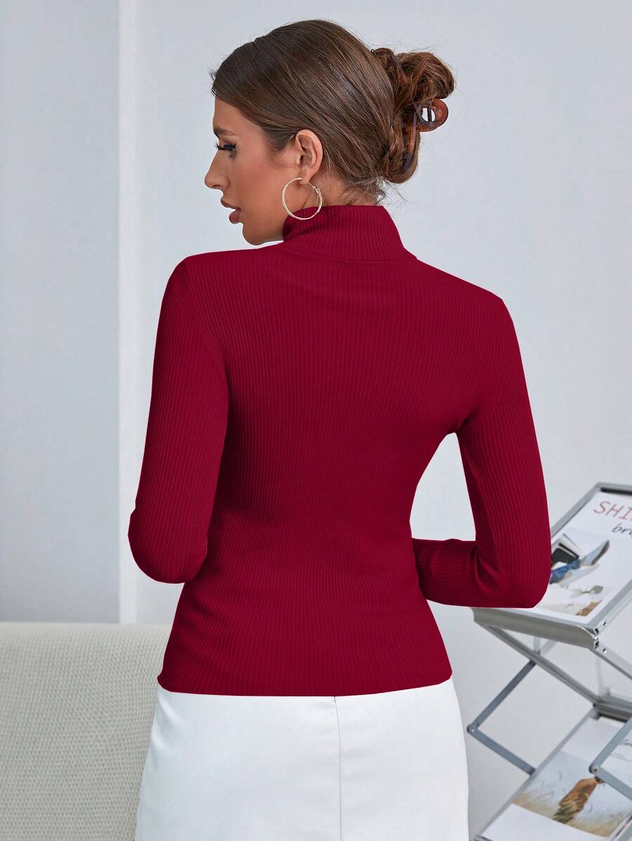 Ingrid Fitted Rib Knit Turtleneck Long Sleeve Pullover Sweater - Burgundy