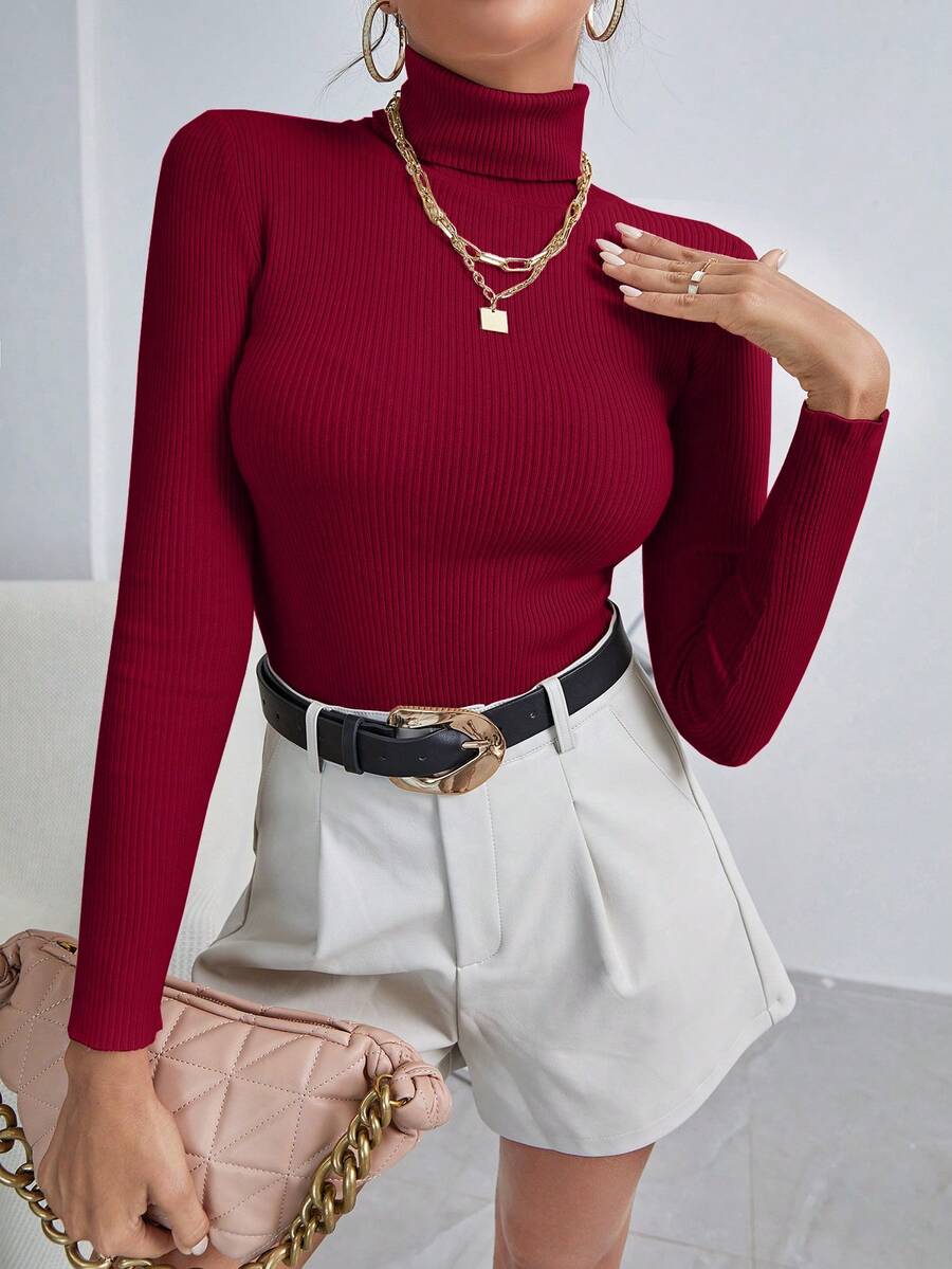 Ingrid Fitted Rib Knit Turtleneck Long Sleeve Pullover Sweater - Burgundy