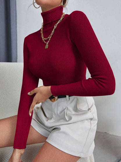 Ingrid Fitted Rib Knit Turtleneck Long Sleeve Pullover Sweater - Burgundy