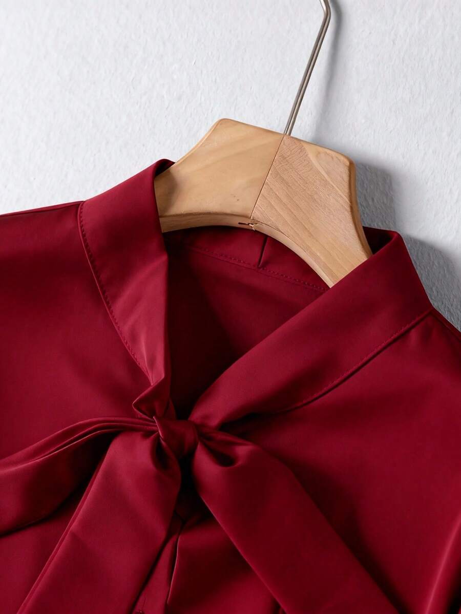 Versailles Satin Bow Tie Neck Long Sleeve Blouse