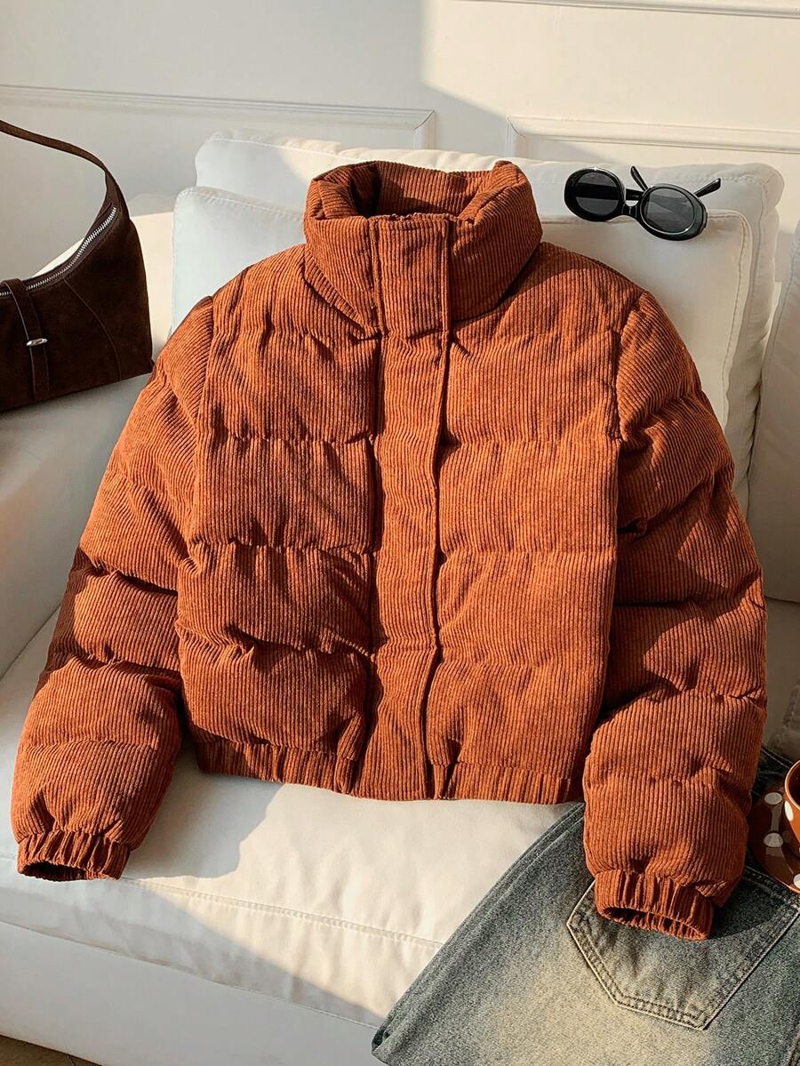 Glasgow Cropped Quilted Puffer Jacket with Funnel Neck - Rust Brown