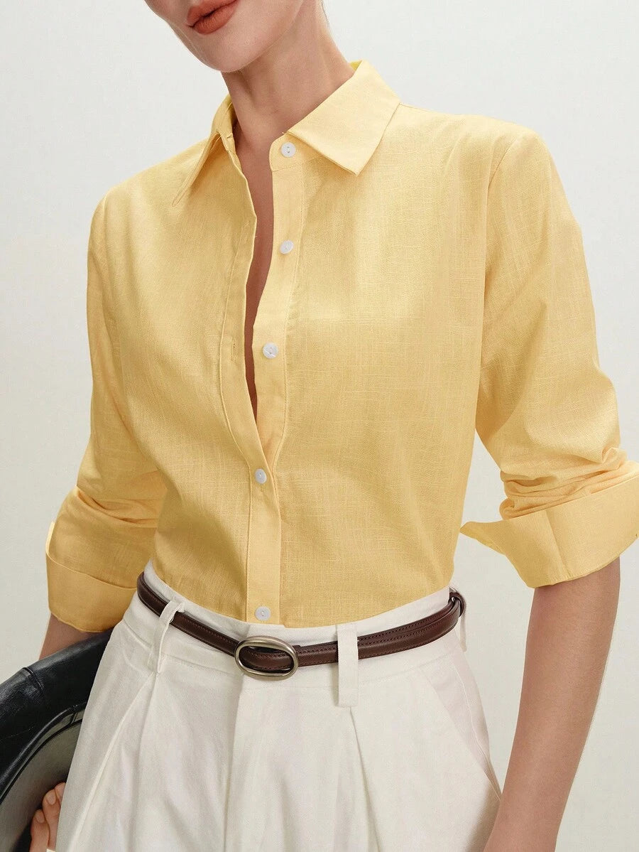 Arabella Classic Collared Button Down Long Sleeve Cotton Shirt - Butter Yellow