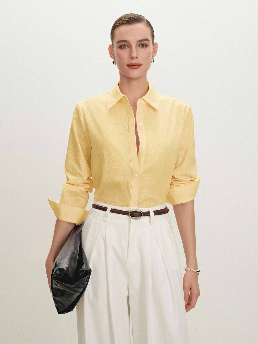 Arabella Classic Collared Button Down Long Sleeve Cotton Shirt - Butter Yellow