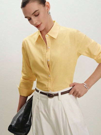 Arabella Classic Collared Button Down Long Sleeve Cotton Shirt - Butter Yellow