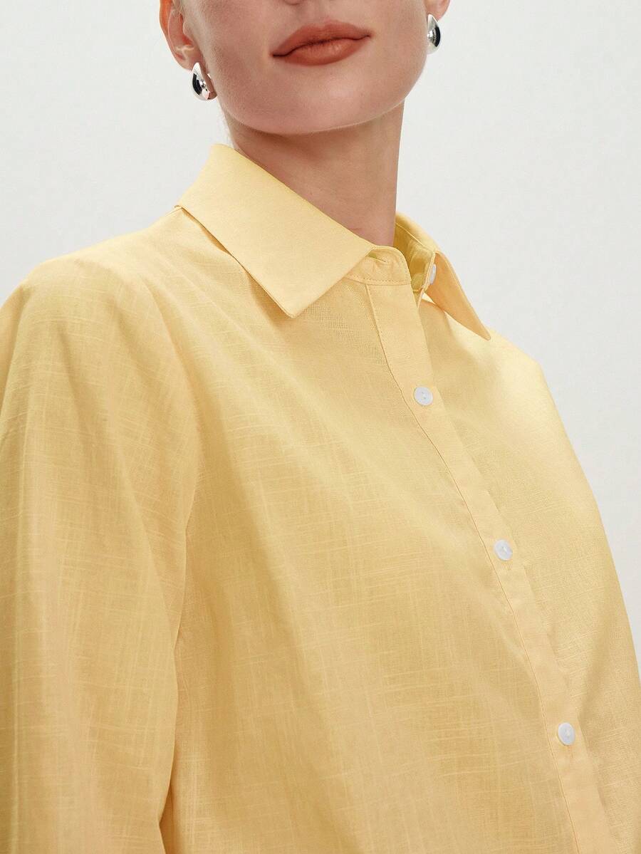 Arabella Classic Collared Button Down Long Sleeve Cotton Shirt - Butter Yellow