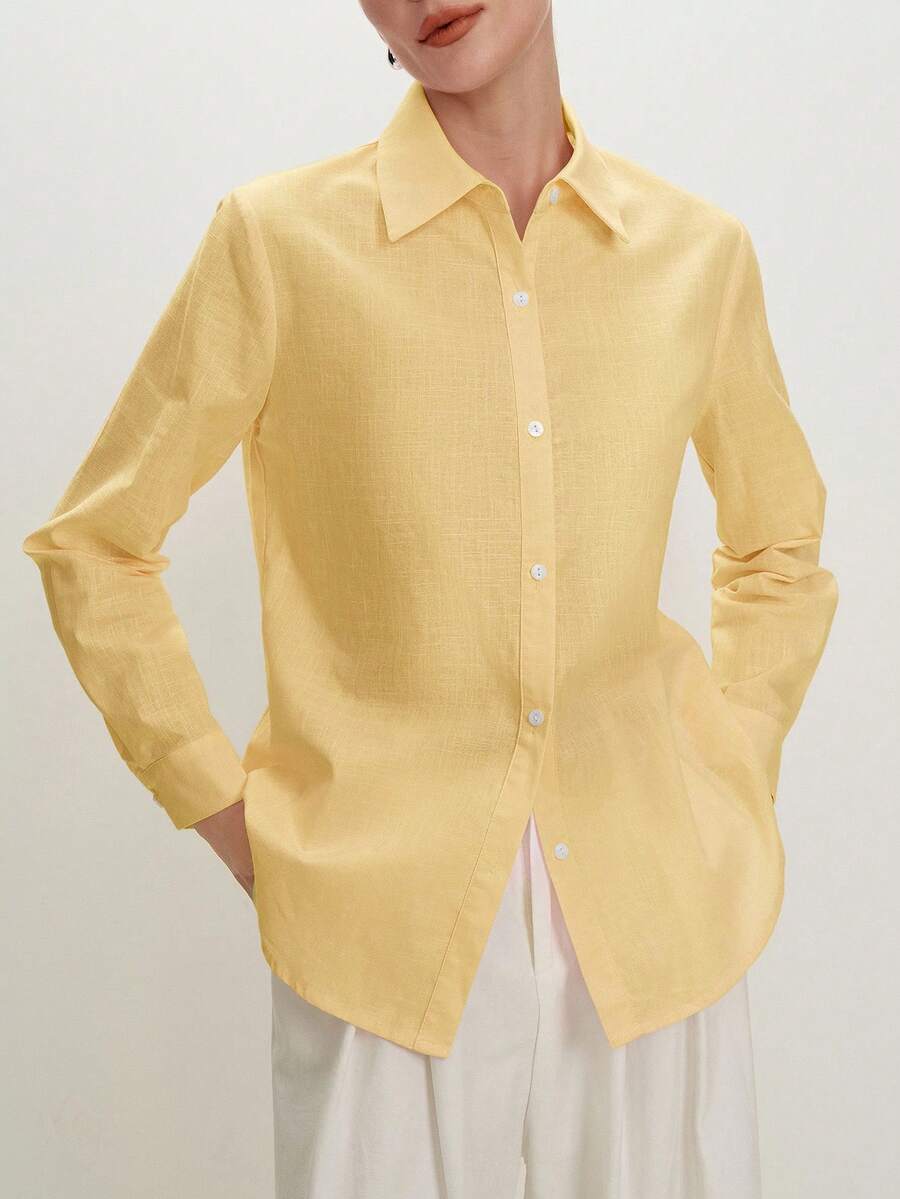 Arabella Classic Collared Button Down Long Sleeve Cotton Shirt - Butter Yellow