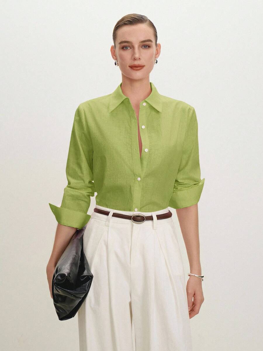 Arabella Classic Collared Button Down Long Sleeve Cotton Shirt - Lime Green
