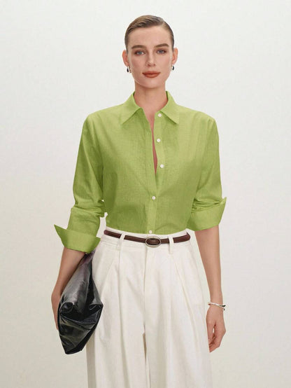 Arabella Classic Collared Button Down Long Sleeve Cotton Shirt - Lime Green
