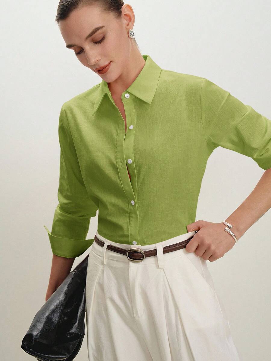 Arabella Classic Collared Button Down Long Sleeve Cotton Shirt - Lime Green