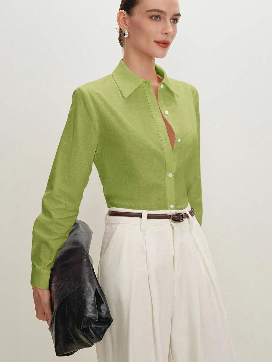 Arabella Classic Collared Button Down Long Sleeve Cotton Shirt - Lime Green