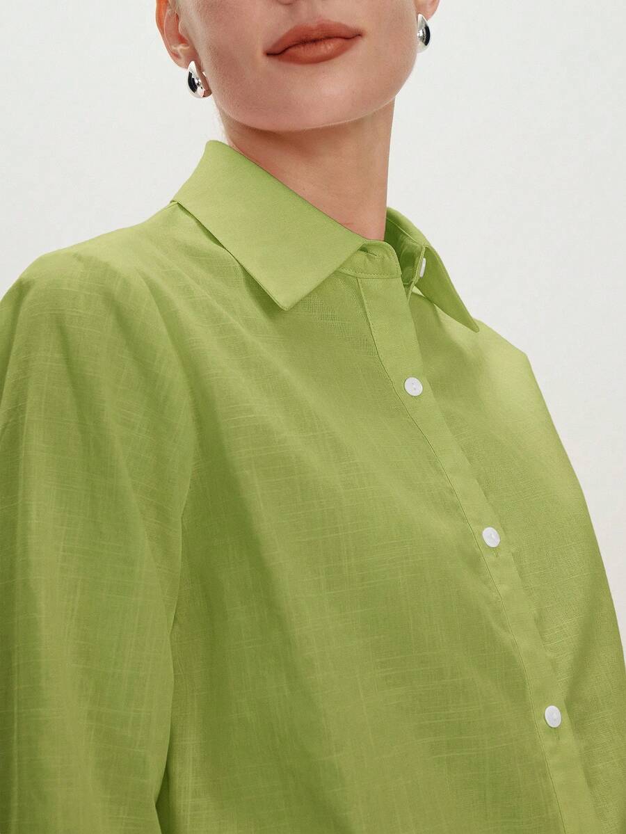 Arabella Classic Collared Button Down Long Sleeve Cotton Shirt - Lime Green