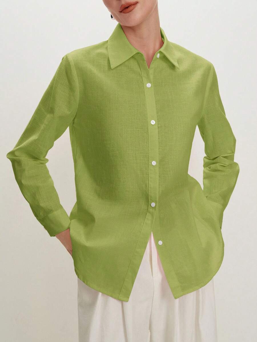 Arabella Classic Collared Button Down Long Sleeve Cotton Shirt - Lime Green