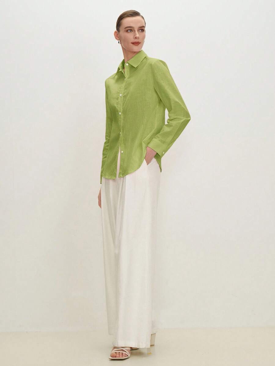 Arabella Classic Collared Button Down Long Sleeve Cotton Shirt - Lime Green
