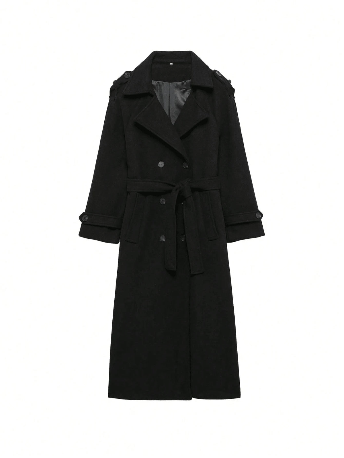 Laurel Double Breasted Belted Long Coat with Peak Lapels - Black