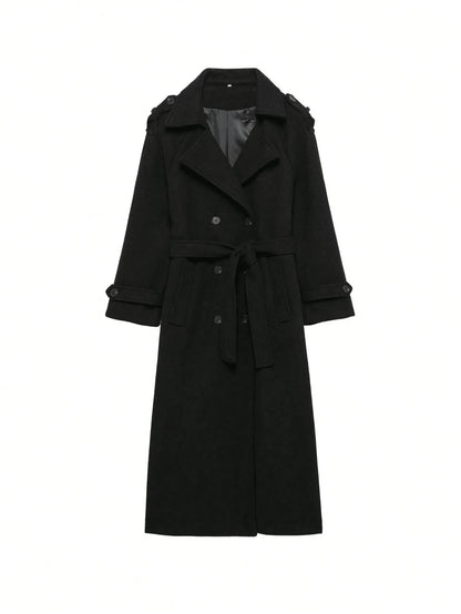 Laurel Double Breasted Belted Long Coat with Peak Lapels - Black