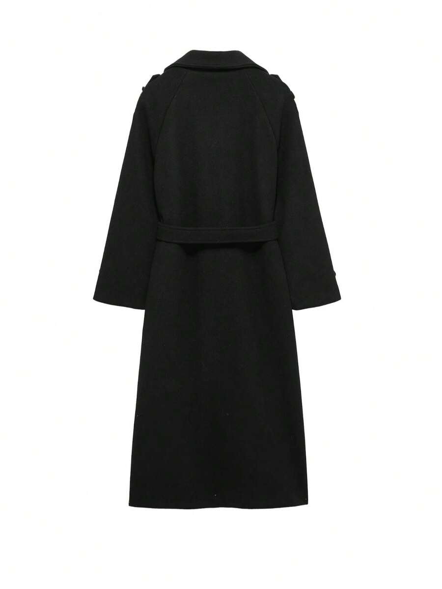 Laurel Double Breasted Belted Long Coat with Peak Lapels - Black