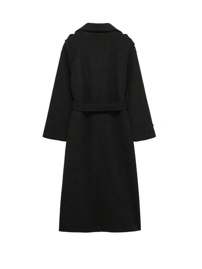 Laurel Double Breasted Belted Long Coat with Peak Lapels - Black