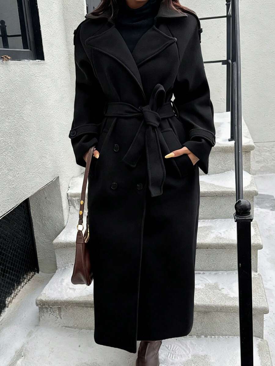 Laurel Double Breasted Belted Long Coat with Peak Lapels - Black