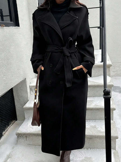 Laurel Double Breasted Belted Long Coat with Peak Lapels - Black