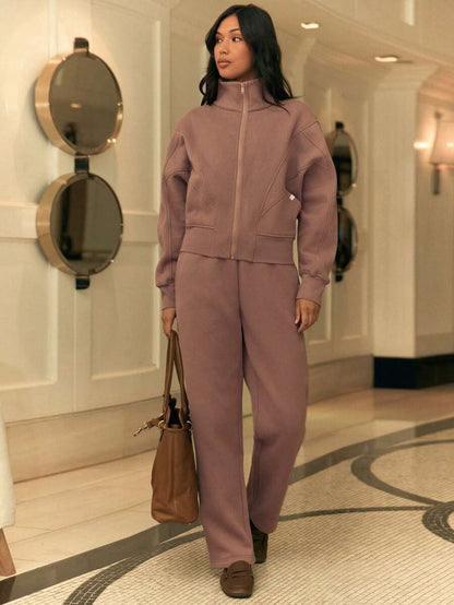 Hortense Oversized Zip Up Fleece Jacket with High Neck - Warm Clay