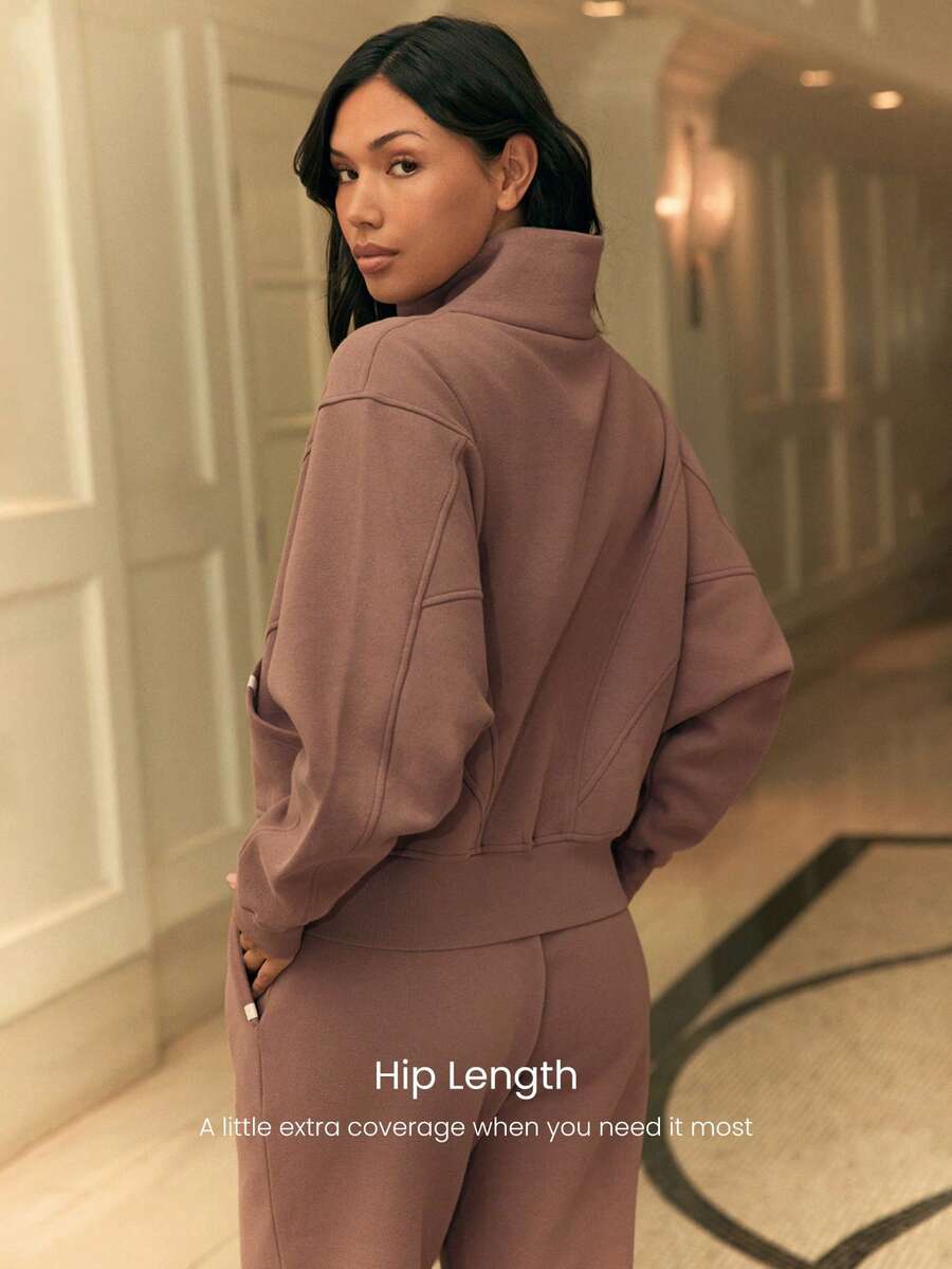 Hortense Oversized Zip Up Fleece Jacket with High Neck - Warm Clay