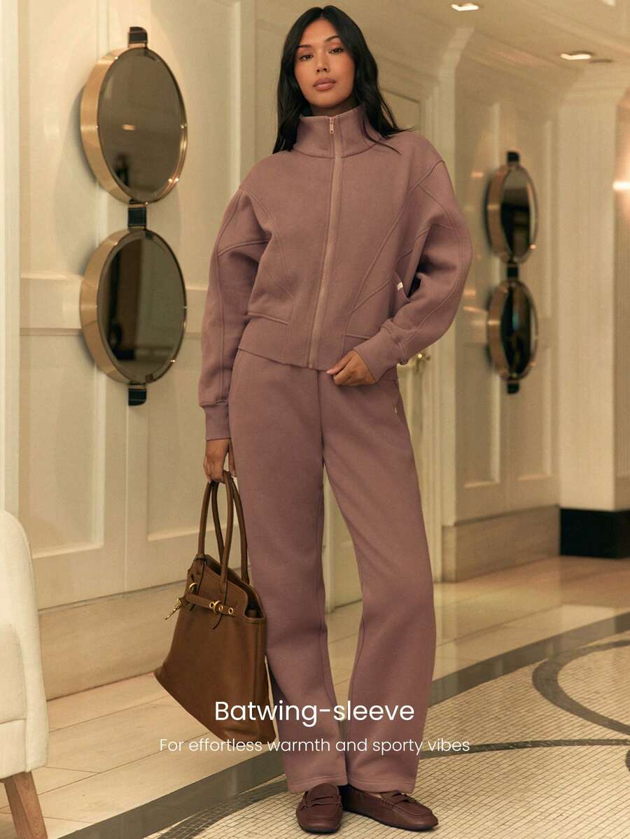 Hortense Oversized Zip Up Fleece Jacket with High Neck - Warm Clay