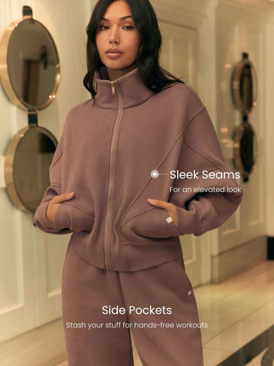 Hortense Oversized Zip Up Fleece Jacket with High Neck - Warm Clay