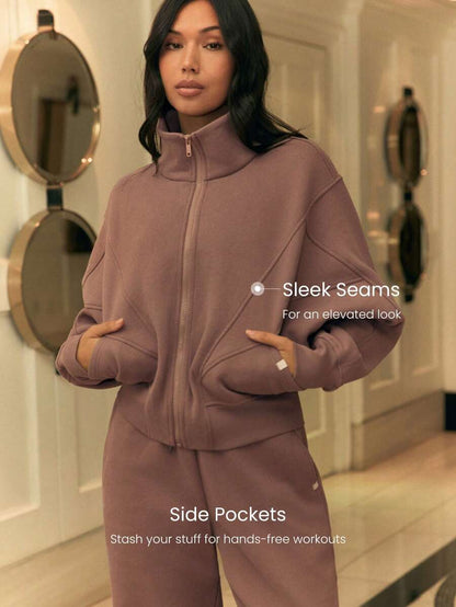 Hortense Oversized Zip Up Fleece Jacket with High Neck - Warm Clay