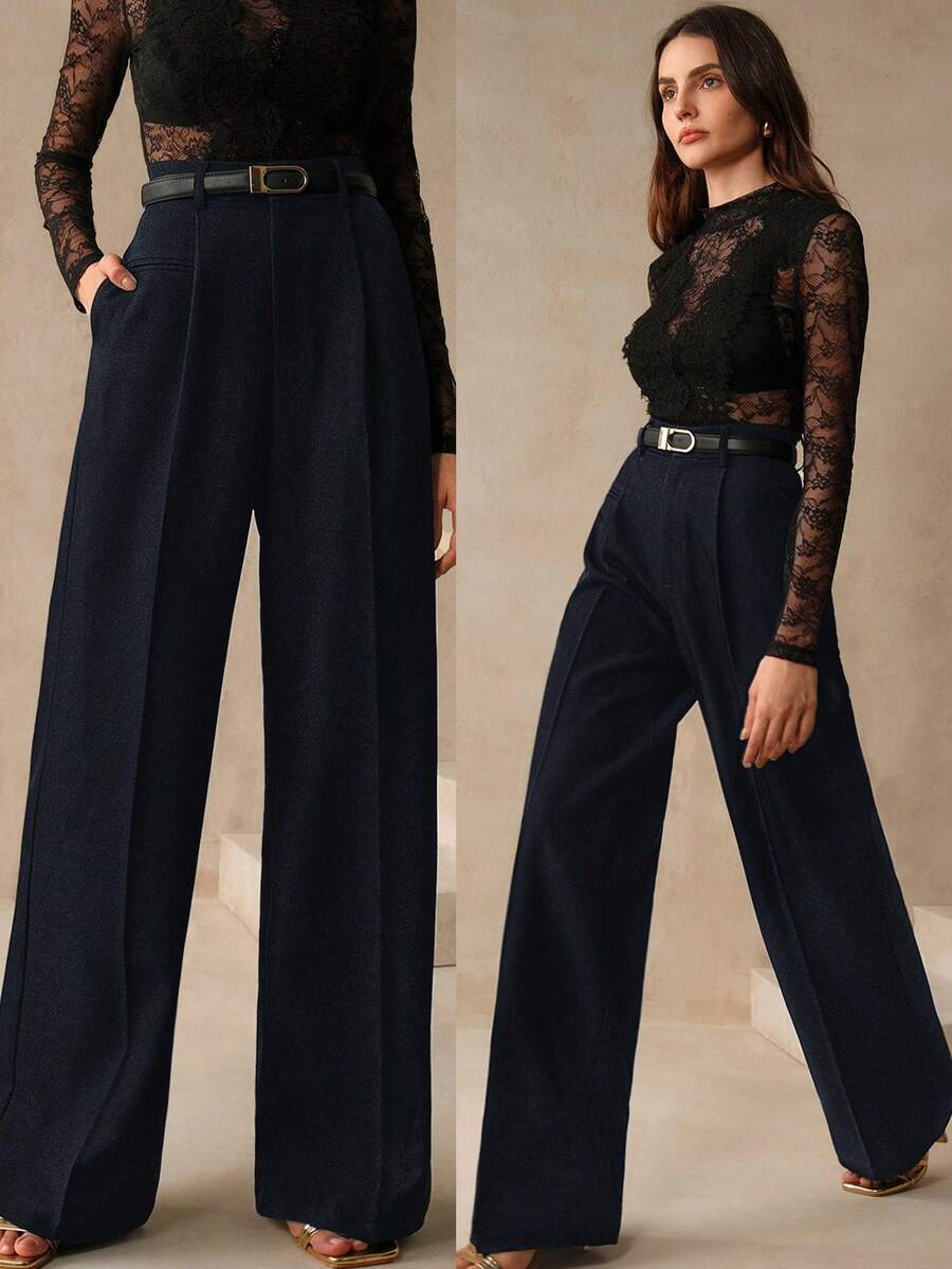 Women's Belted Straight Leg Suit Trousers, Stretch Dress Pants for Work Office - Bronze