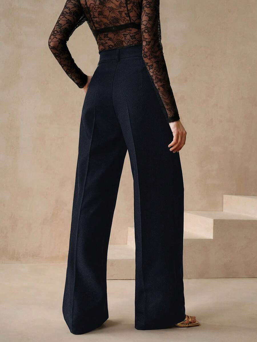 Women's Belted Straight Leg Suit Trousers, Stretch Dress Pants for Work Office - Black