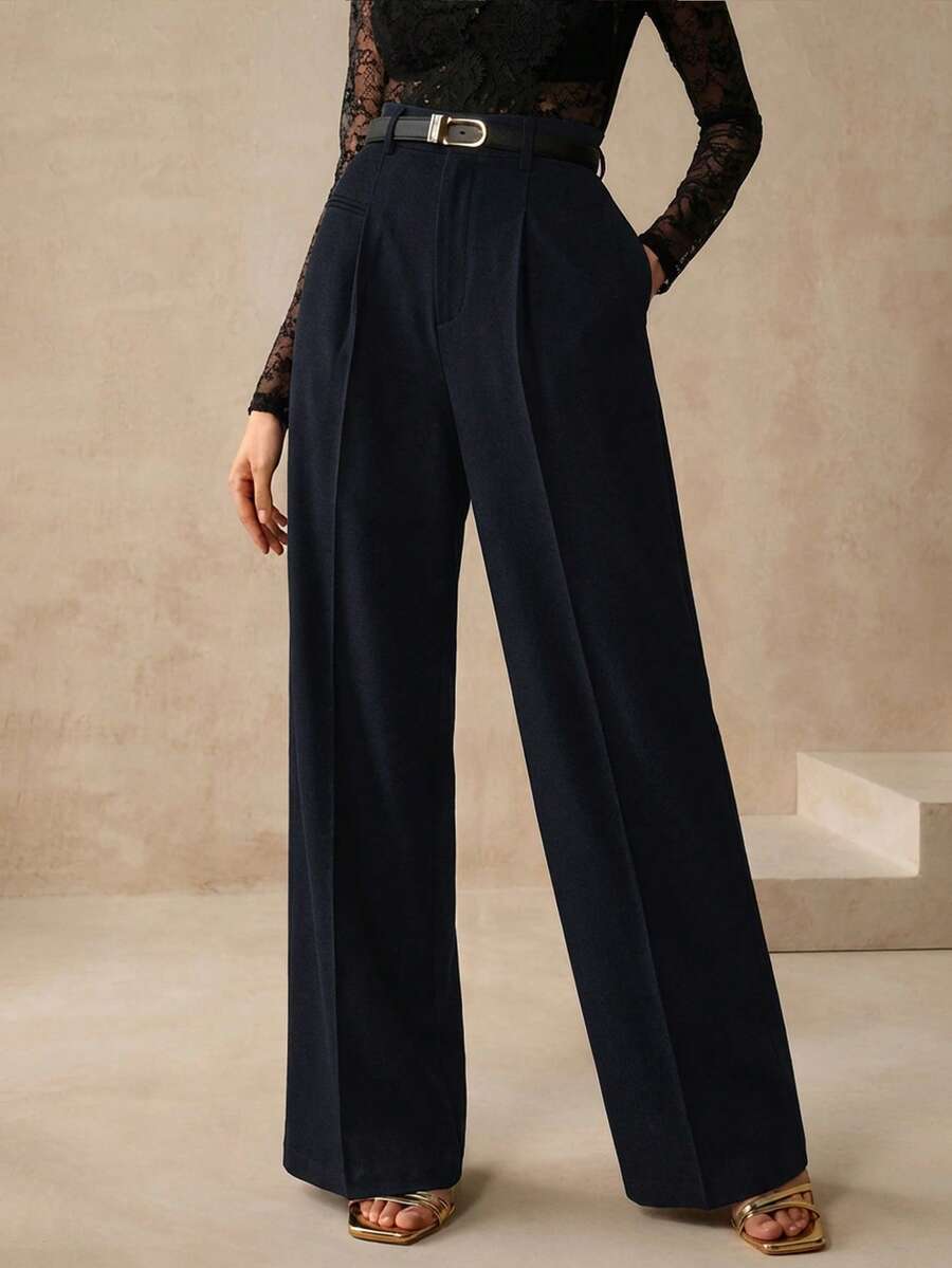 Women's Belted Straight Leg Suit Trousers, Stretch Dress Pants for Work Office - Apricot
