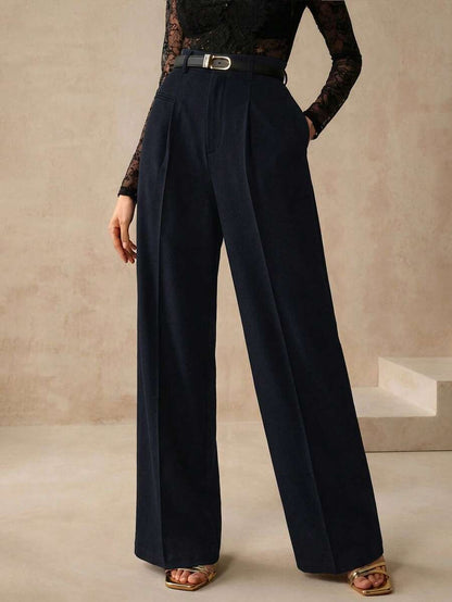 Women's Belted Straight Leg Suit Trousers, Stretch Dress Pants for Work Office - Apricot