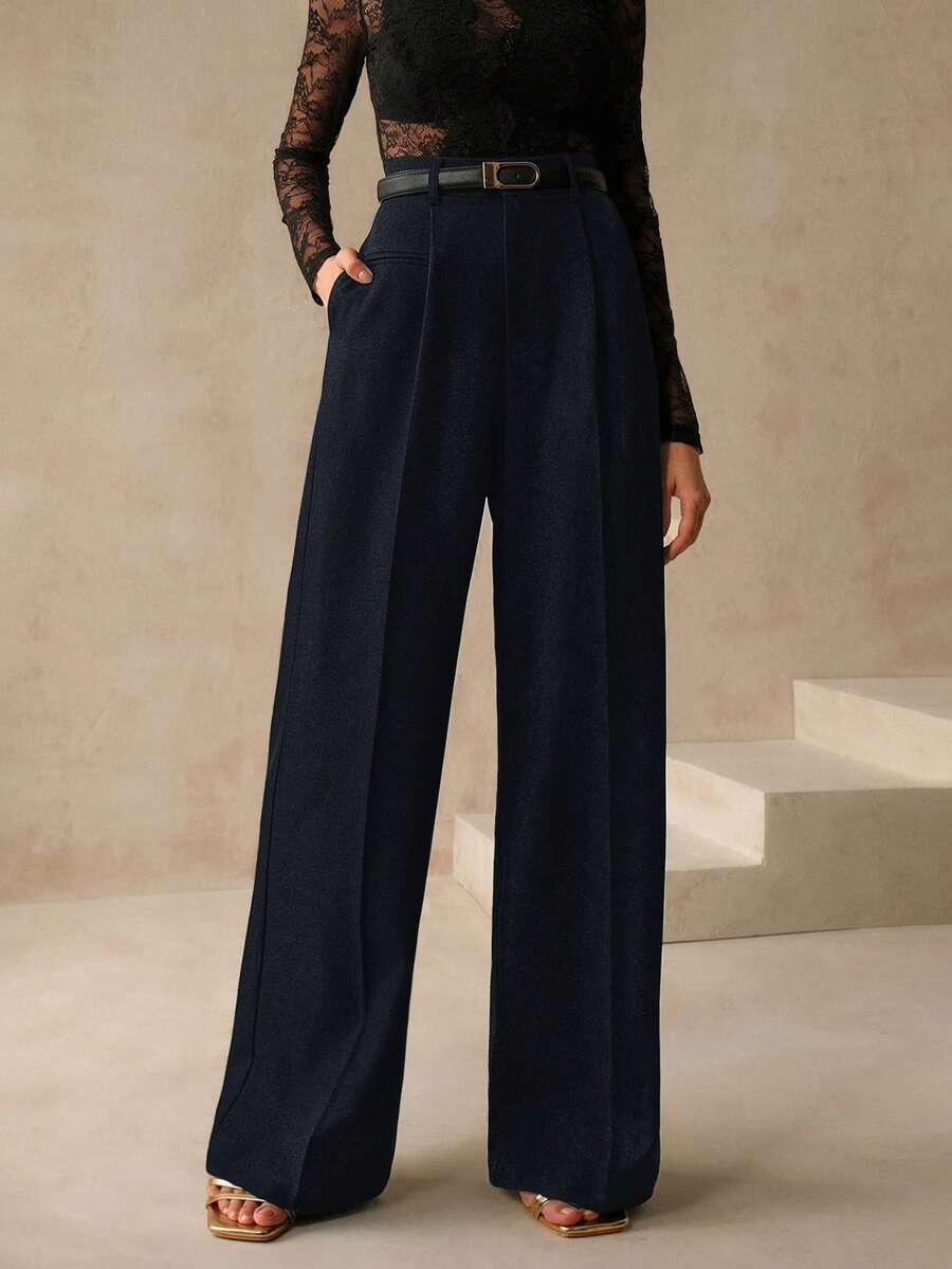 Women's Belted Straight Leg Suit Trousers, Stretch Dress Pants for Work Office - Burgundy