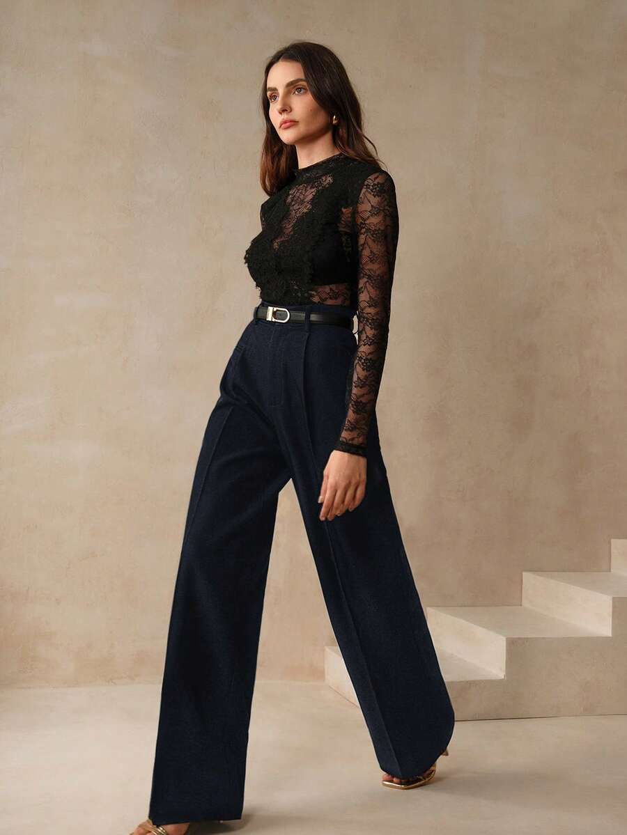 Women's Belted Straight Leg Suit Trousers, Stretch Dress Pants for Work Office - Ginger