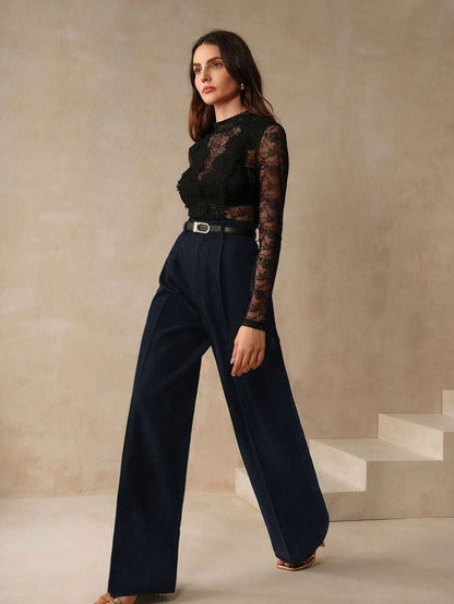 Women's Belted Straight Leg Suit Trousers, Stretch Dress Pants for Work Office - Ginger